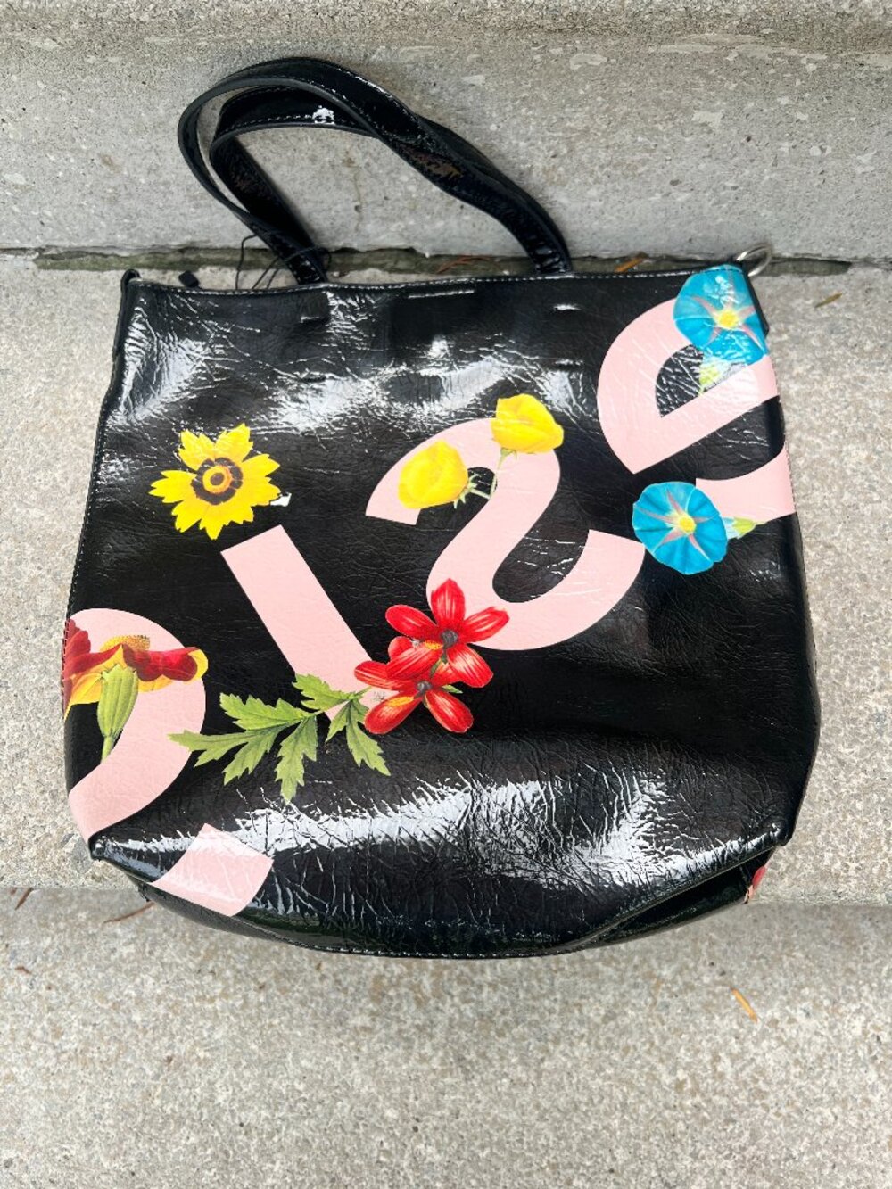 Desigual Black Patent Tote Bag – Colourful Logo Print   13” H × 13” W   Never Us